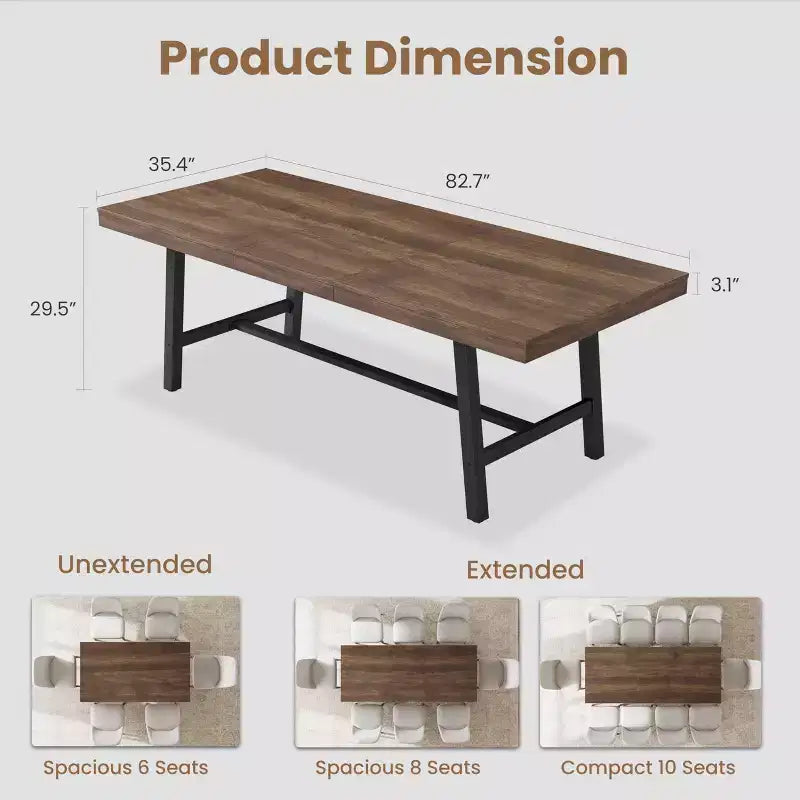 Table de salle à manger industrielle extensible 63-83 po pour 6-8 personnes - Table de cuisine extensible avec cadre en métal robuste pour salle à manger, cuisine et fêtes