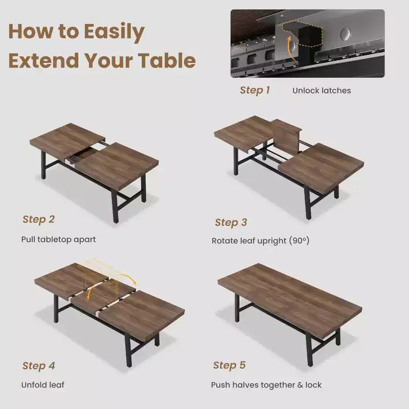 Table de salle à manger industrielle extensible 63-83 po pour 6-8 personnes - Table de cuisine extensible avec cadre en métal robuste pour salle à manger, cuisine et fêtes