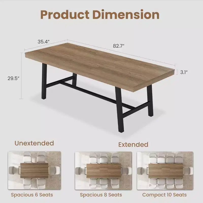 Table de salle à manger industrielle extensible 63-83 po pour 6-8 personnes - Table de cuisine extensible avec cadre en métal robuste pour salle à manger, cuisine et fêtes