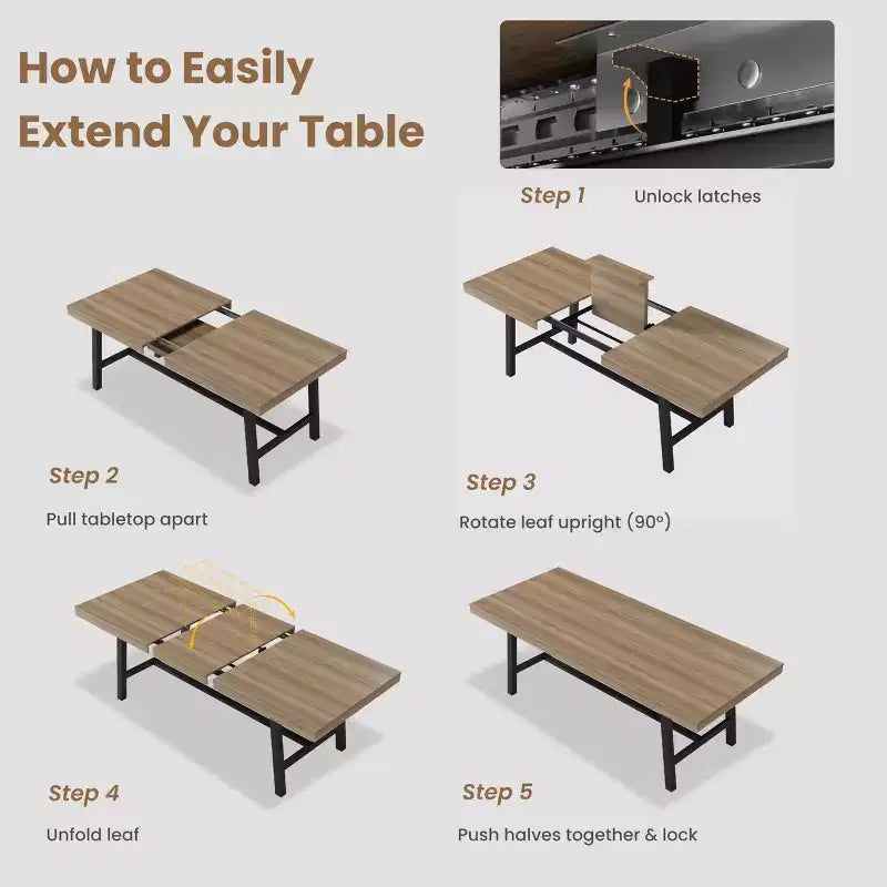 Table de salle à manger industrielle extensible 63-83 po pour 6-8 personnes - Table de cuisine extensible avec cadre en métal robuste pour salle à manger, cuisine et fêtes