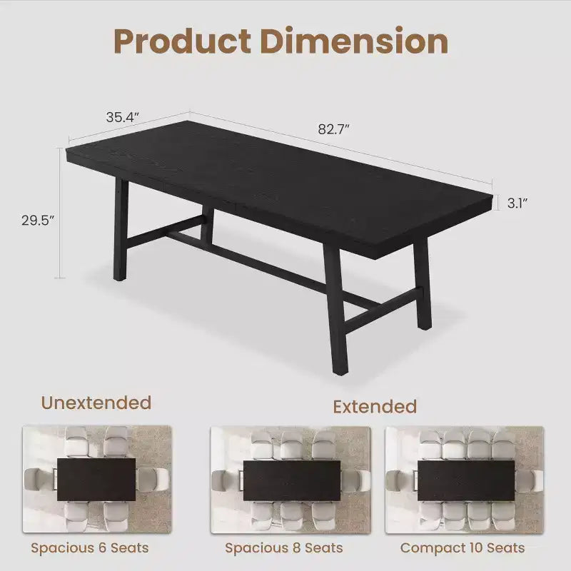 Table de salle à manger industrielle extensible 63-83 po pour 6-8 personnes - Table de cuisine extensible avec cadre en métal robuste pour salle à manger, cuisine et fêtes