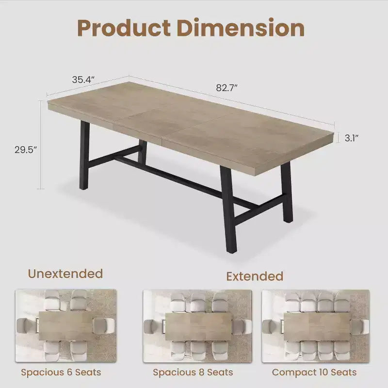 Table de salle à manger industrielle extensible 63-83 po pour 6-8 personnes - Table de cuisine extensible avec cadre en métal robuste pour salle à manger, cuisine et fêtes