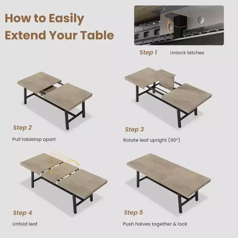 Table de salle à manger industrielle extensible 63-83 po pour 6-8 personnes - Table de cuisine extensible avec cadre en métal robuste pour salle à manger, cuisine et fêtes