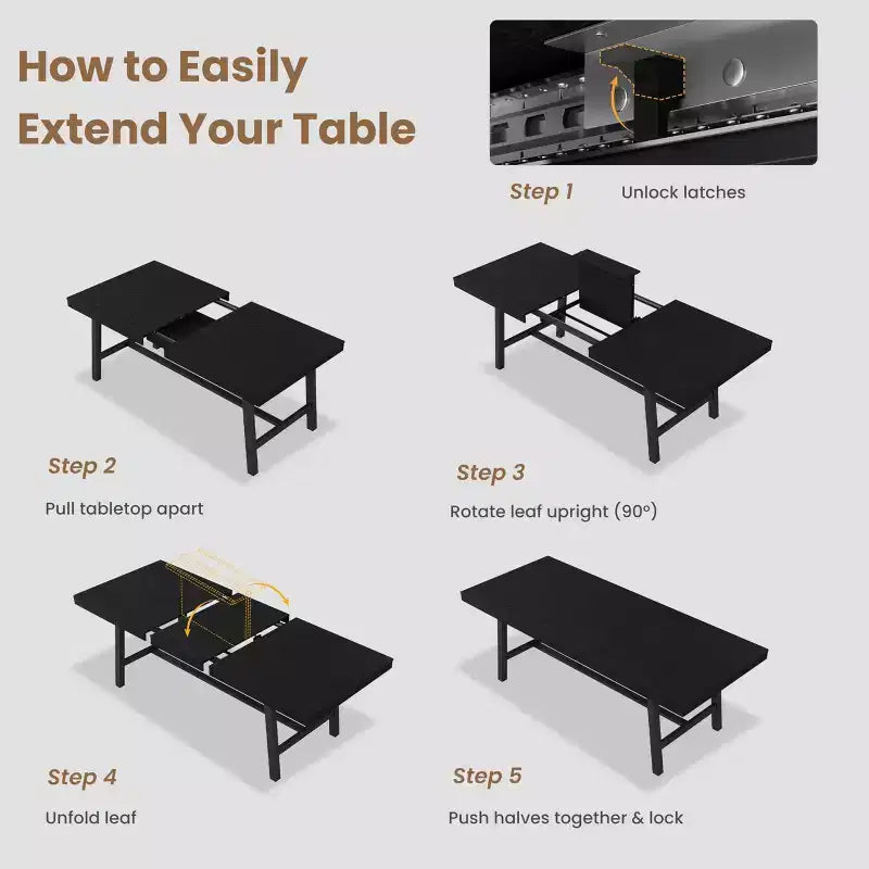 Table de salle à manger industrielle extensible 63-83 po pour 6-8 personnes - Table de cuisine extensible avec cadre en métal robuste pour salle à manger, cuisine et fêtes