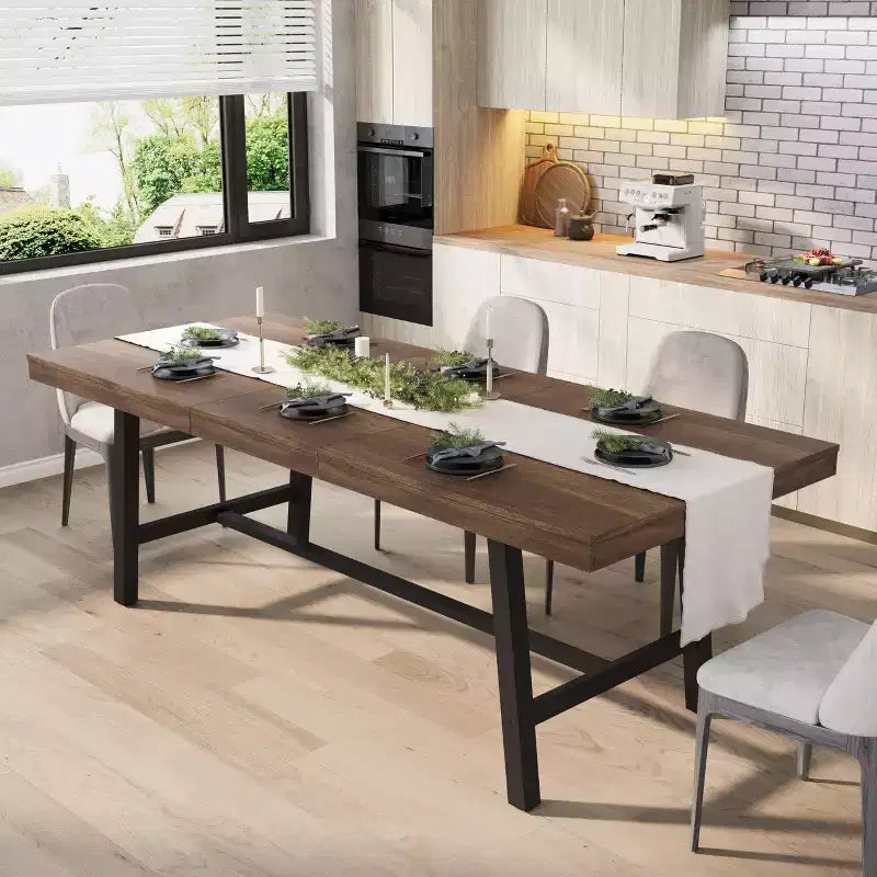 Table de salle à manger industrielle extensible 63-83 po pour 6-8 personnes - Table de cuisine extensible avec cadre en métal robuste pour salle à manger, cuisine et fêtes