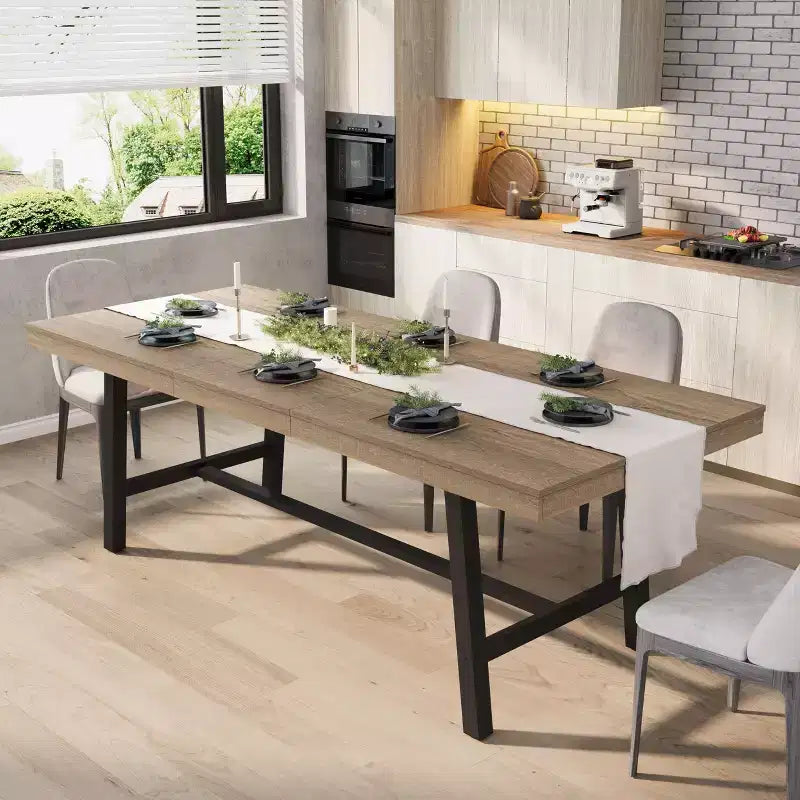 Table de salle à manger industrielle extensible 63-83 po pour 6-8 personnes - Table de cuisine extensible avec cadre en métal robuste pour salle à manger, cuisine et fêtes