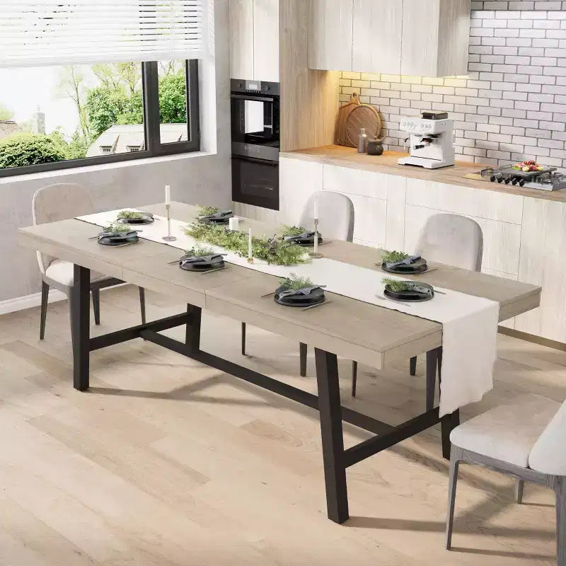 Table de salle à manger industrielle extensible 63-83 po pour 6-8 personnes - Table de cuisine extensible avec cadre en métal robuste pour salle à manger, cuisine et fêtes