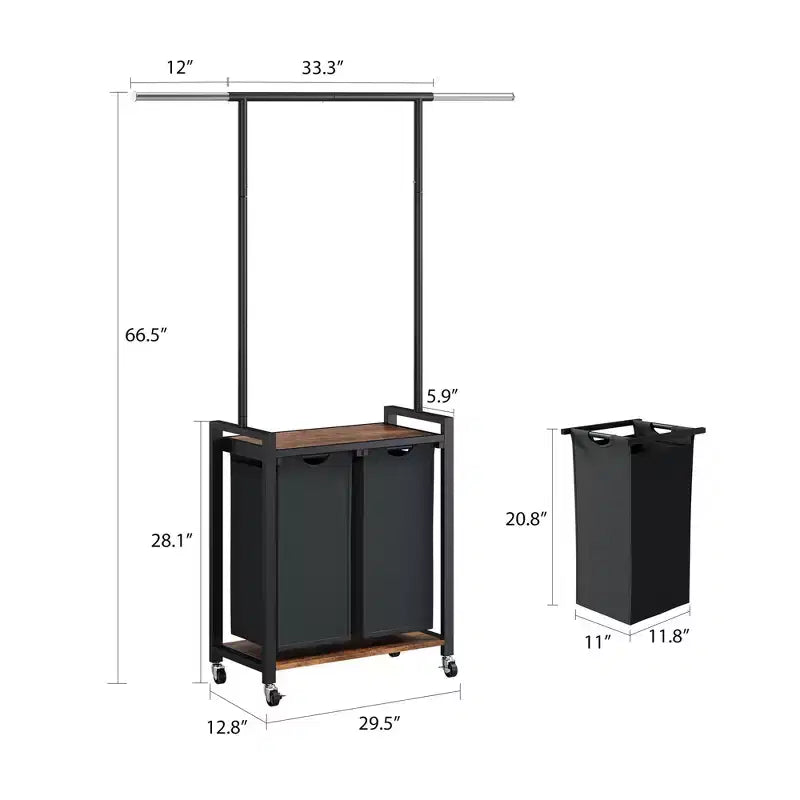 Chariot de tri de linge roulant avec tringle à repasser, étagère utilitaire métallique à 2 sections, roues verrouillables, panier multi-poches pour buanderie, chambre à coucher, salle de bain
