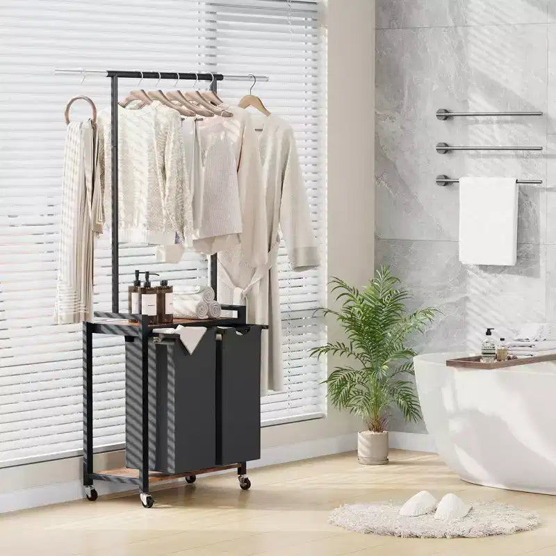 Chariot de tri de linge roulant avec tringle à repasser, étagère utilitaire métallique à 2 sections, roues verrouillables, panier multi-poches pour buanderie, chambre à coucher, salle de bain