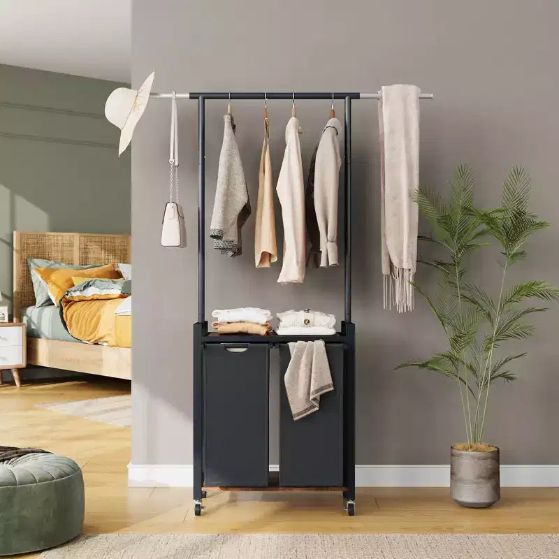 Chariot de tri de linge roulant avec tringle à repasser, étagère utilitaire métallique à 2 sections, roues verrouillables, panier multi-poches pour buanderie, chambre à coucher, salle de bain