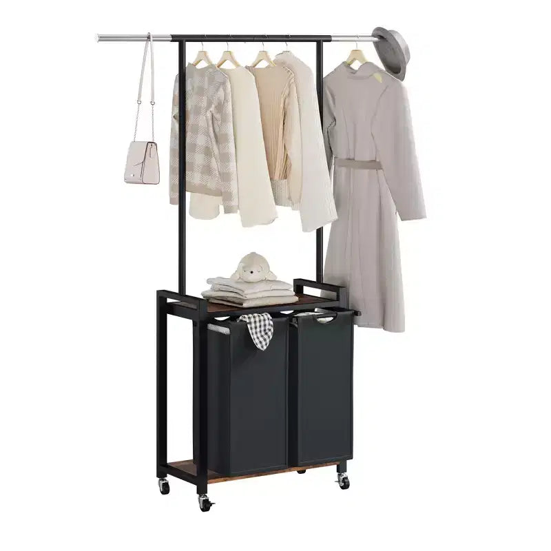 Chariot de tri de linge roulant avec tringle à repasser, étagère utilitaire métallique à 2 sections, roues verrouillables, panier multi-poches pour buanderie, chambre à coucher, salle de bain