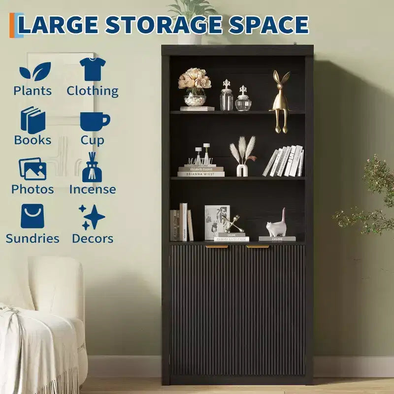 Bibliothèque haute à 5 niveaux avec portes et tiroir, 80 cm de large, étagère moderne autoportante, meuble de rangement réglable pour bureau à domicile ou salon