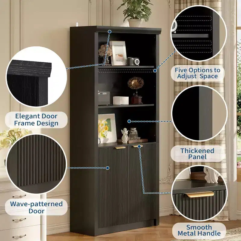 Bibliothèque haute à 5 niveaux avec portes et tiroir, 80 cm de large, étagère moderne autoportante, meuble de rangement réglable pour bureau à domicile ou salon