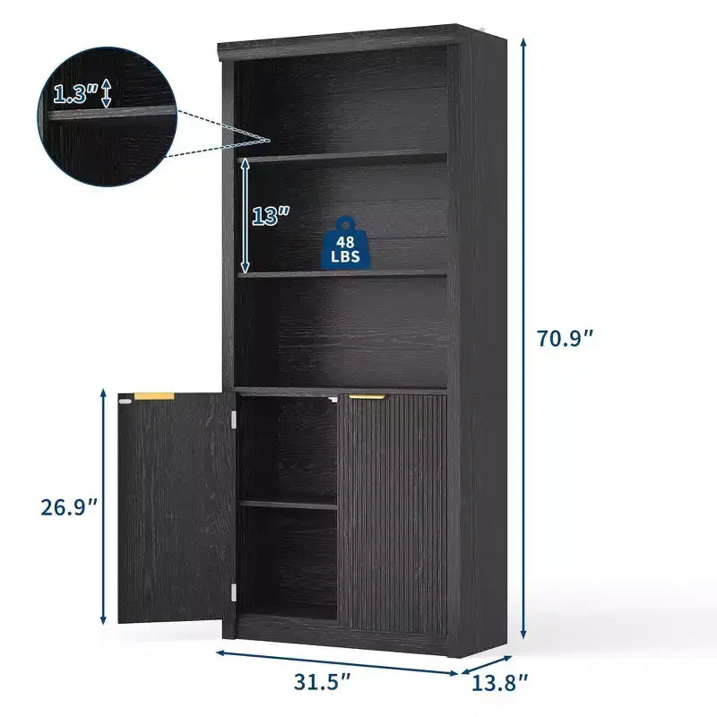 Bibliothèque haute à 5 niveaux avec portes et tiroir, 80 cm de large, étagère moderne autoportante, meuble de rangement réglable pour bureau à domicile ou salon