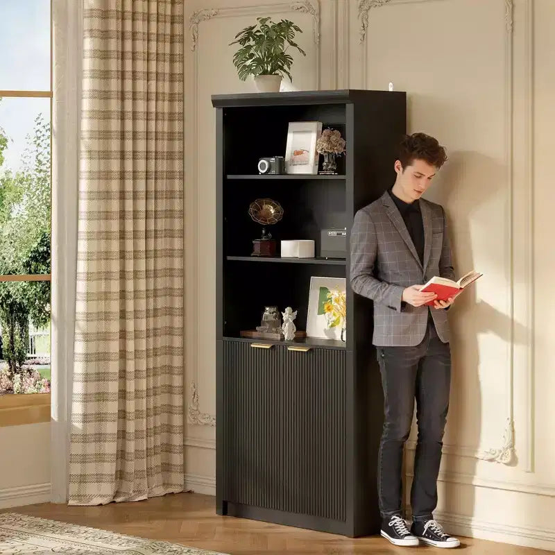 Bibliothèque haute à 5 niveaux avec portes et tiroir, 80 cm de large, étagère moderne autoportante, meuble de rangement réglable pour bureau à domicile ou salon