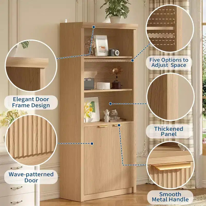 Bibliothèque haute à 5 niveaux avec portes et tiroir, 80 cm de large, étagère moderne autoportante, meuble de rangement réglable pour bureau à domicile ou salon