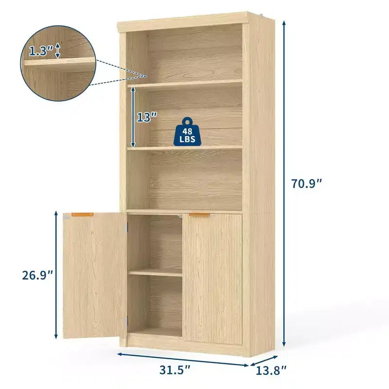 Bibliothèque haute à 5 niveaux avec portes et tiroir, 80 cm de large, étagère moderne autoportante, meuble de rangement réglable pour bureau à domicile ou salon