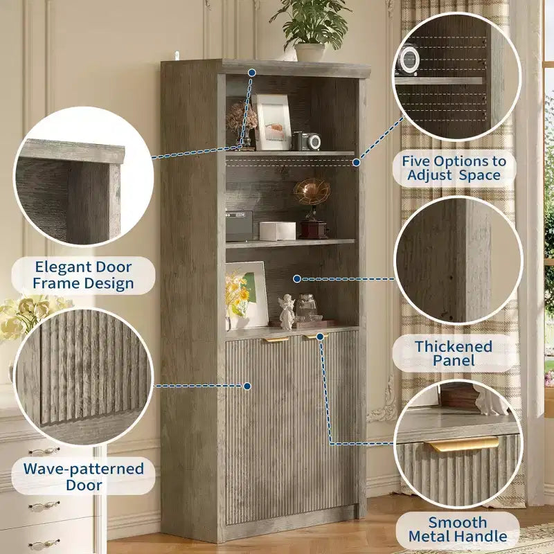 Bibliothèque haute à 5 niveaux avec portes et tiroir, 80 cm de large, étagère moderne autoportante, meuble de rangement réglable pour bureau à domicile ou salon