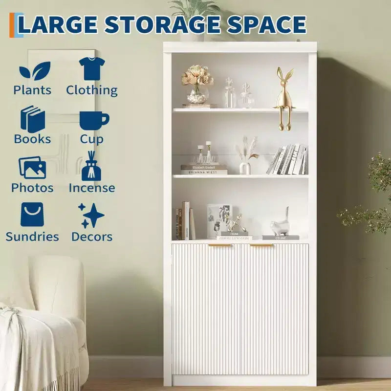 Bibliothèque haute à 5 niveaux avec portes et tiroir, 80 cm de large, étagère moderne autoportante, meuble de rangement réglable pour bureau à domicile ou salon