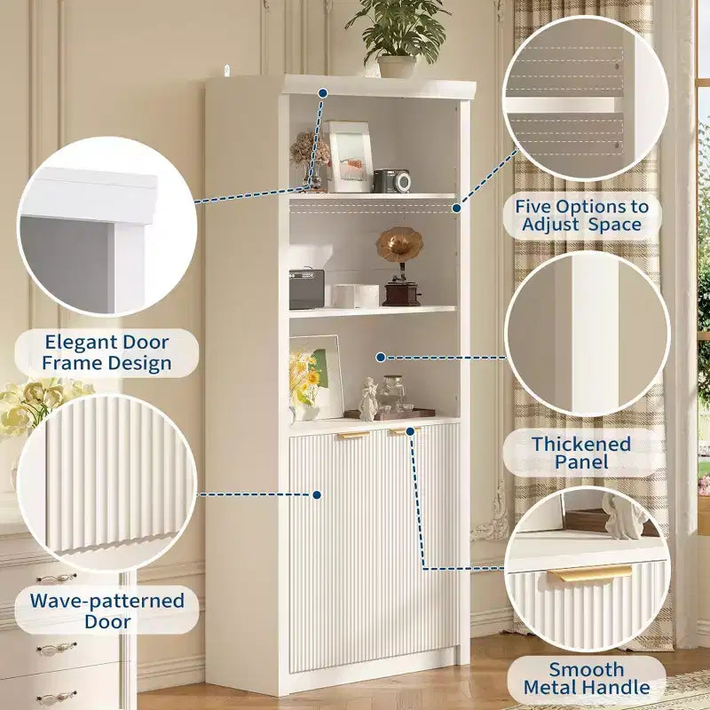 Bibliothèque haute à 5 niveaux avec portes et tiroir, 80 cm de large, étagère moderne autoportante, meuble de rangement réglable pour bureau à domicile ou salon