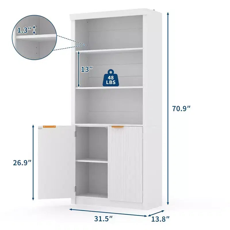 Bibliothèque haute à 5 niveaux avec portes et tiroir, 80 cm de large, étagère moderne autoportante, meuble de rangement réglable pour bureau à domicile ou salon