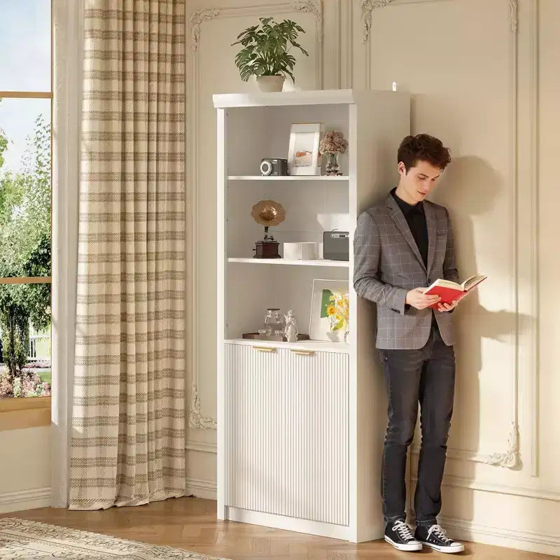 Bibliothèque haute à 5 niveaux avec portes et tiroir, 80 cm de large, étagère moderne autoportante, meuble de rangement réglable pour bureau à domicile ou salon