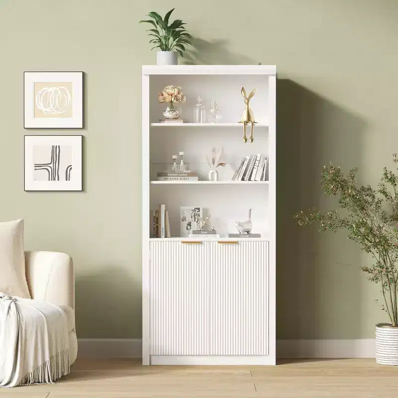 Bibliothèque haute à 5 niveaux avec portes et tiroir, 80 cm de large, étagère moderne autoportante, meuble de rangement réglable pour bureau à domicile ou salon