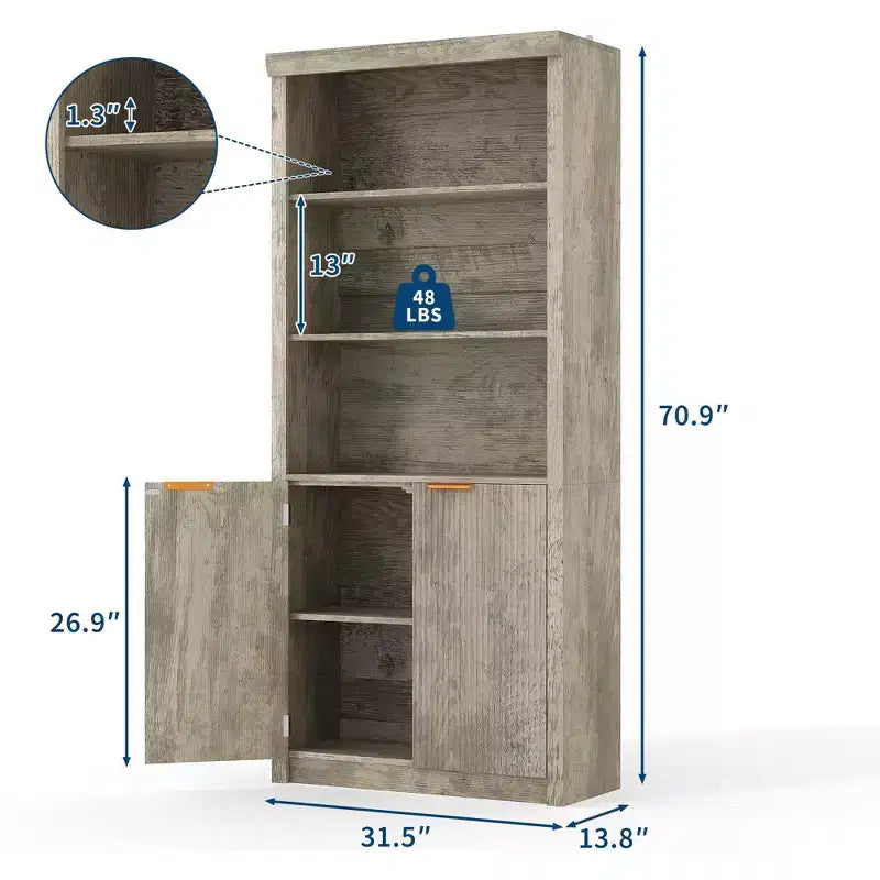 Bibliothèque haute à 5 niveaux avec portes et tiroir, 80 cm de large, étagère moderne autoportante, meuble de rangement réglable pour bureau à domicile ou salon