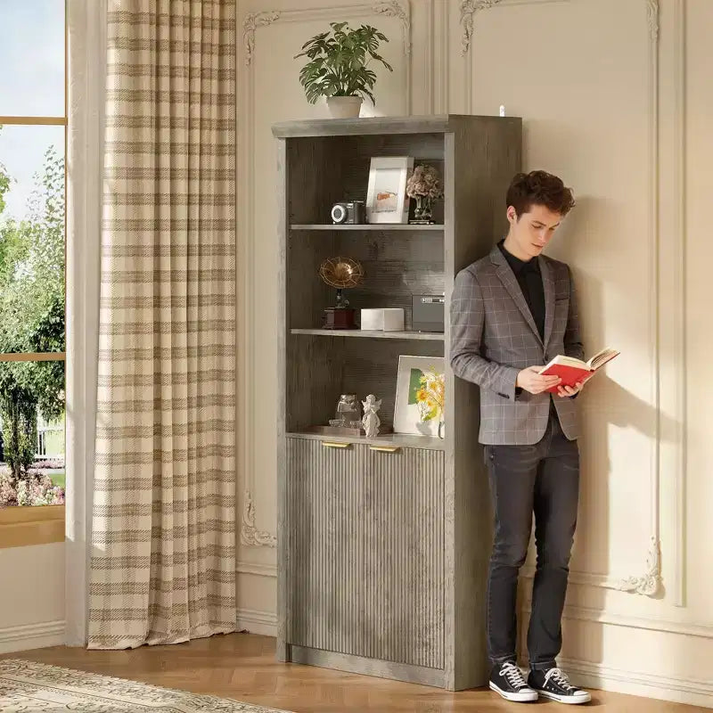 Bibliothèque haute à 5 niveaux avec portes et tiroir, 80 cm de large, étagère moderne autoportante, meuble de rangement réglable pour bureau à domicile ou salon