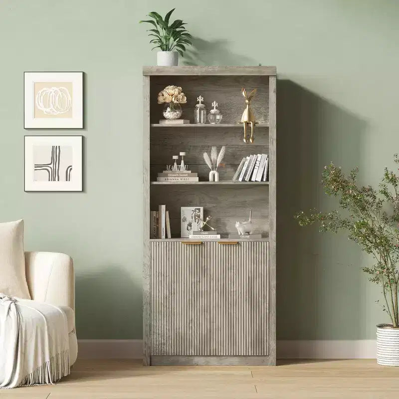 Bibliothèque haute à 5 niveaux avec portes et tiroir, 80 cm de large, étagère moderne autoportante, meuble de rangement réglable pour bureau à domicile ou salon