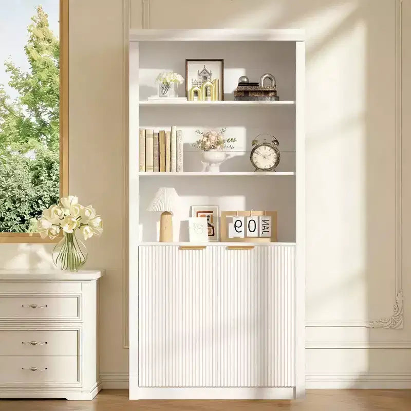 Bibliothèque haute à 5 niveaux avec portes et tiroir, 80 cm de large, étagère moderne autoportante, meuble de rangement réglable pour bureau à domicile ou salon