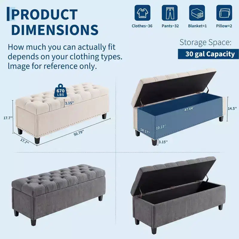 Banc de rangement ottoman de 129 cm, banc de rangement capitonné rembourré pour bout de lit, banc d'entrée avec couvercle rabattable et charnière de sécurité à fermeture lente pour le salon