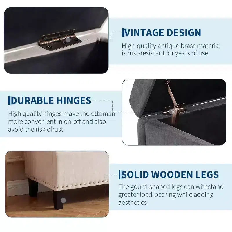 Banc de rangement ottoman de 129 cm, banc de rangement capitonné rembourré pour bout de lit, banc d'entrée avec couvercle rabattable et charnière de sécurité à fermeture lente pour le salon