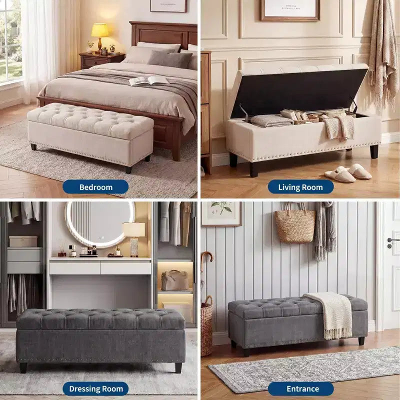 Banc de rangement ottoman de 129 cm, banc de rangement capitonné rembourré pour bout de lit, banc d'entrée avec couvercle rabattable et charnière de sécurité à fermeture lente pour le salon