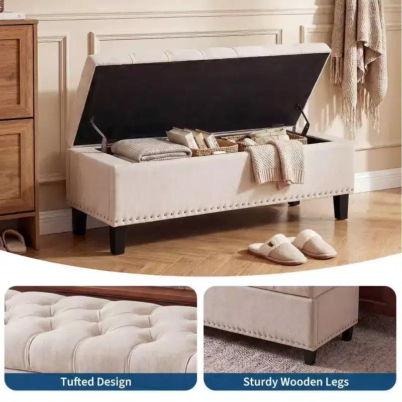 Banc de rangement ottoman de 129 cm, banc de rangement capitonné rembourré pour bout de lit, banc d'entrée avec couvercle rabattable et charnière de sécurité à fermeture lente pour le salon