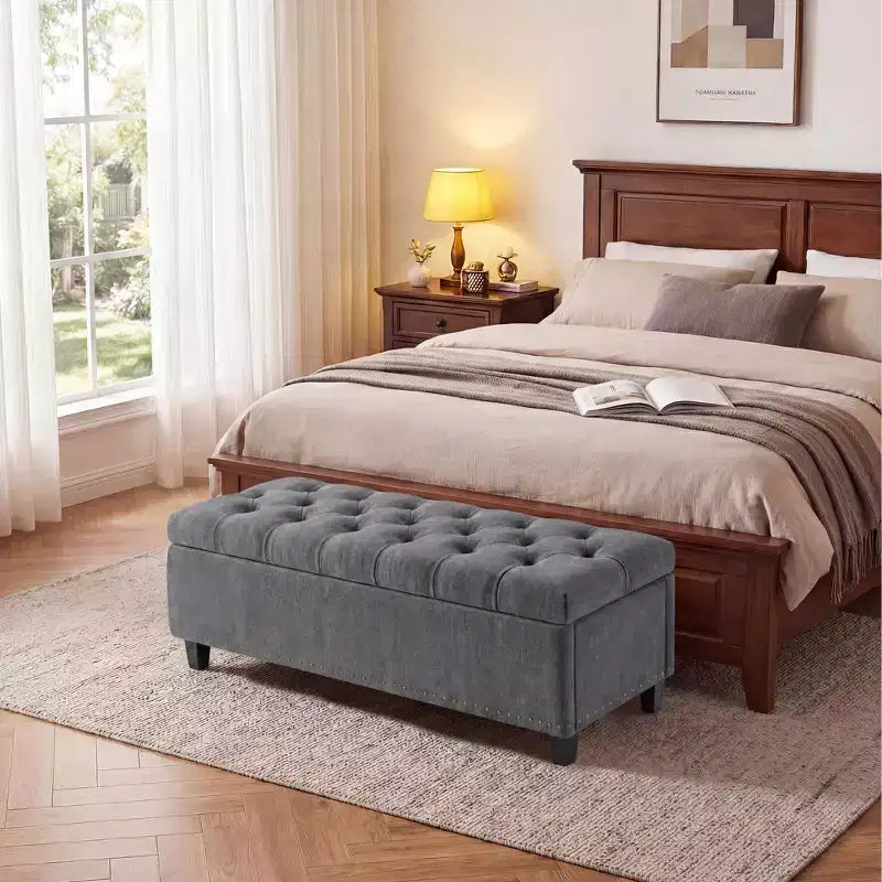 Banc de rangement ottoman de 129 cm, banc de rangement capitonné rembourré pour bout de lit, banc d'entrée avec couvercle rabattable et charnière de sécurité à fermeture lente pour le salon