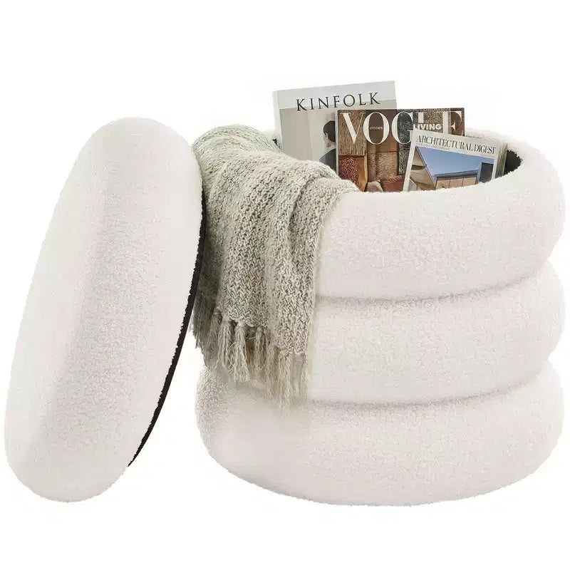 SONGMICS Vanity Stool, Round Ottoman with Storage, Upholstered, Removable Lid, Easy Assembly, 16.9 x 16.9 x 18.5 Inches, Teddy Fleece, White