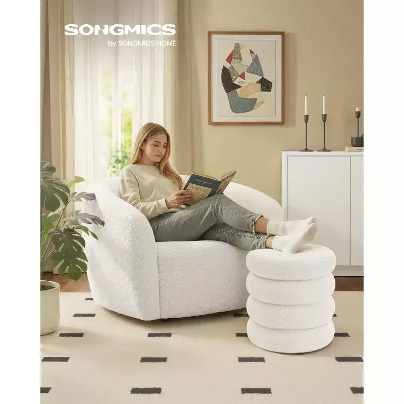 Tabouret de coiffeuse, Pouf rond de rangement, Rembourré, Couvercle amovible, Montage facile, 42,9 x 42,9 x 47 cm, Polaire Teddy, Blanc