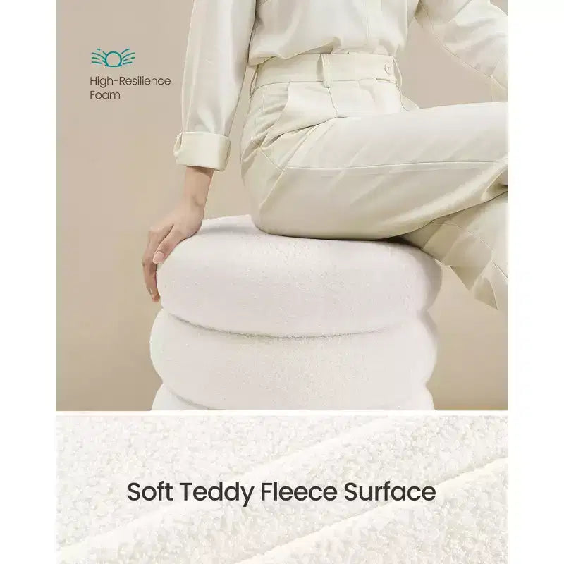 Tabouret de coiffeuse, Pouf rond de rangement, Rembourré, Couvercle amovible, Montage facile, 42,9 x 42,9 x 47 cm, Polaire Teddy, Blanc