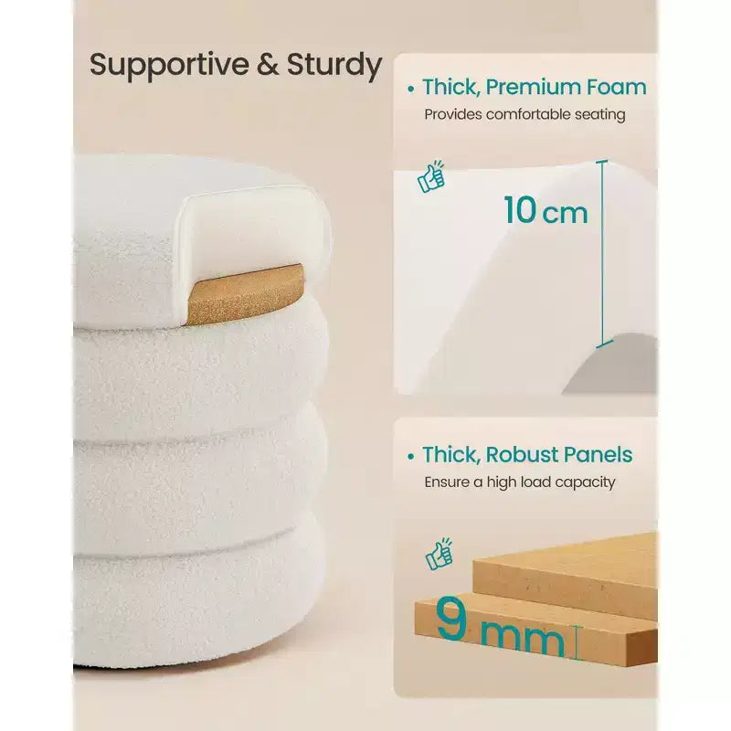 Tabouret de coiffeuse, Pouf rond de rangement, Rembourré, Couvercle amovible, Montage facile, 42,9 x 42,9 x 47 cm, Polaire Teddy, Blanc