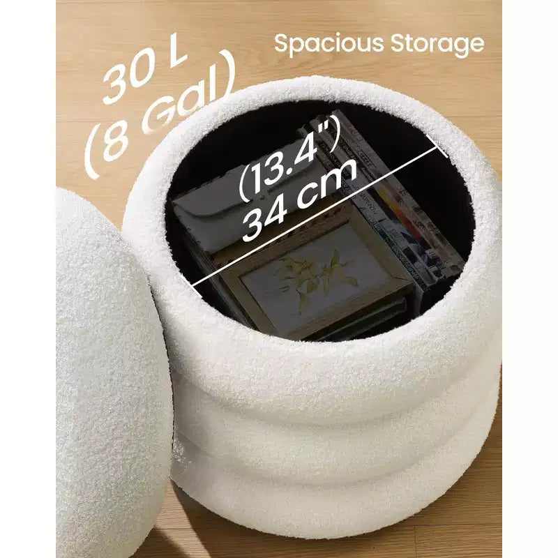 Tabouret de coiffeuse, Pouf rond de rangement, Rembourré, Couvercle amovible, Montage facile, 42,9 x 42,9 x 47 cm, Polaire Teddy, Blanc