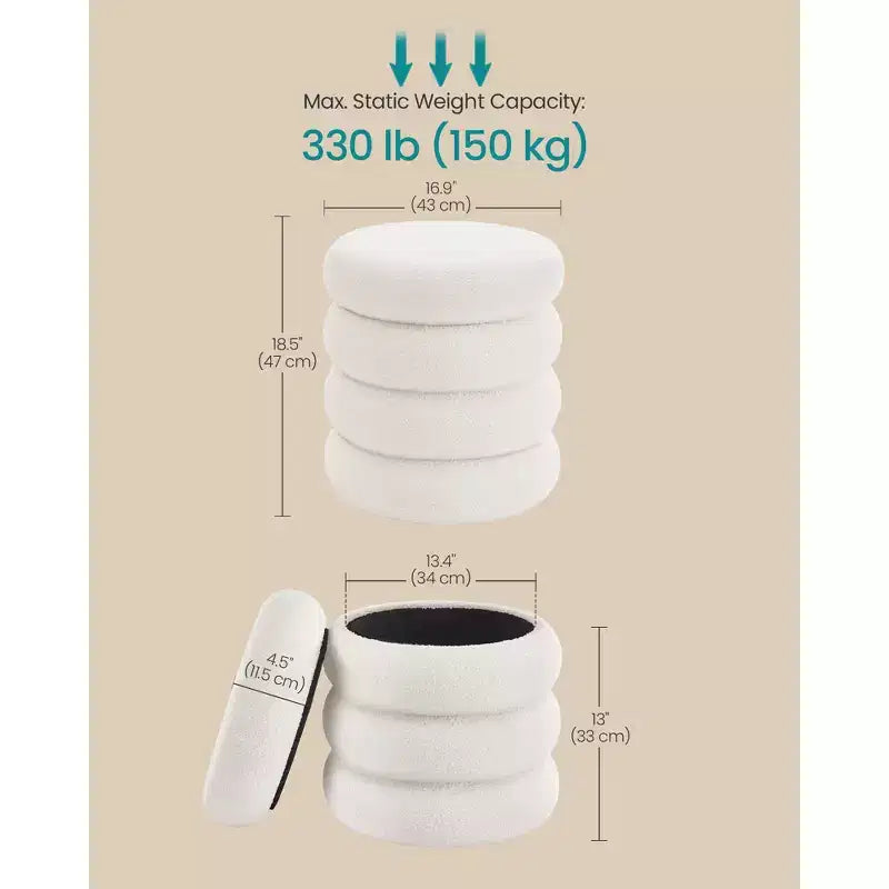 Tabouret de coiffeuse, Pouf rond de rangement, Rembourré, Couvercle amovible, Montage facile, 42,9 x 42,9 x 47 cm, Polaire Teddy, Blanc